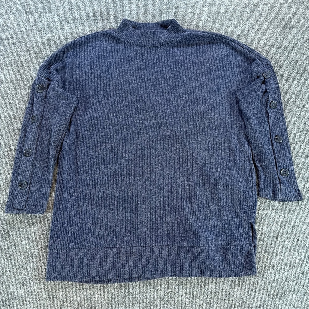 Fred David Womens Navy Blue Ribbed Mock Neck Button Sleeve Sweater Fall Large
